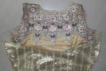 Beige Heavy Sequins Golden Designer Embroidered Net Semi Stitched Gown 5