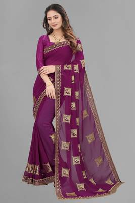 Purple embroidered faux georgette saree with blouse 2