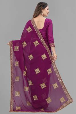 Purple embroidered faux georgette saree with blouse 4