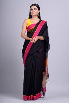 Black hand woven silk cotton saree with blouse