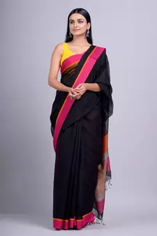 Black hand woven silk cotton saree with blouse