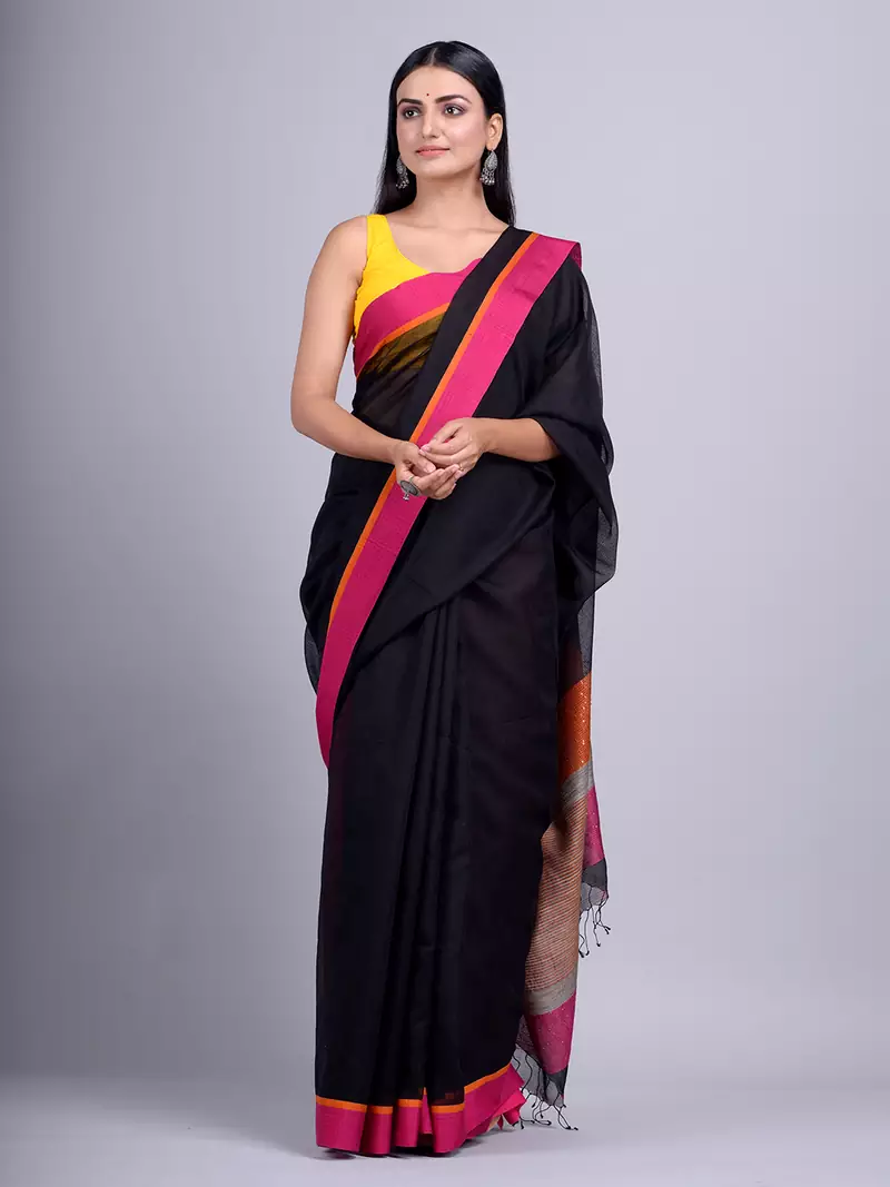 Black hand woven silk cotton saree with blouse