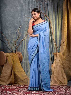 Blue hand woven linen saree with blouse 1