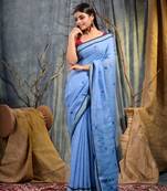 Blue hand woven linen saree with blouse