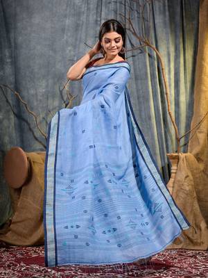 Blue hand woven linen saree with blouse 2