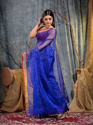 Blue hand woven matka silk saree with blouse 2