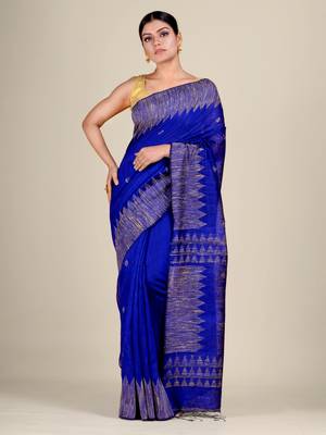 Blue hand woven matka silk saree with blouse 1