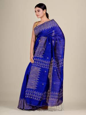Blue hand woven matka silk saree with blouse 2