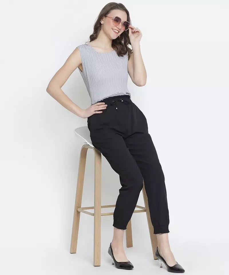 Black solid elsaticated women Tie-knot pant