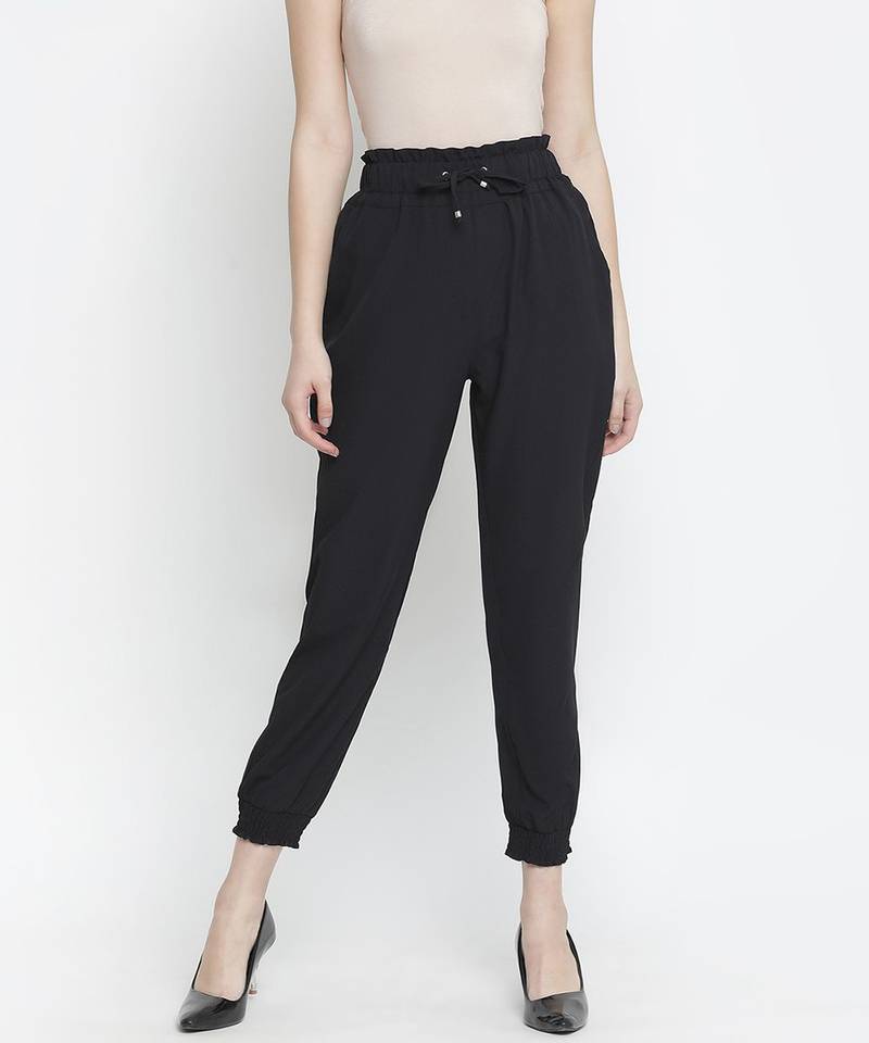 Black solid elsaticated women Tie-knot pant