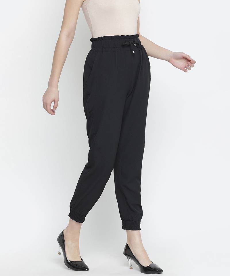 Black solid elsaticated women Tie-knot pant