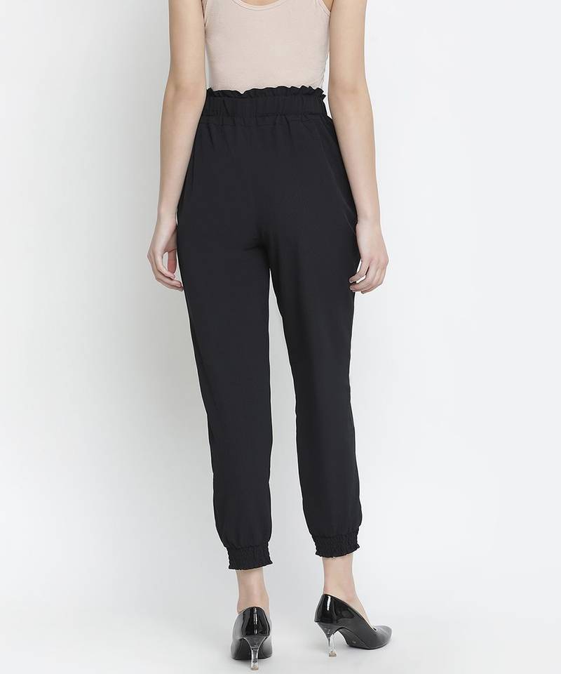 Black solid elsaticated women Tie-knot pant