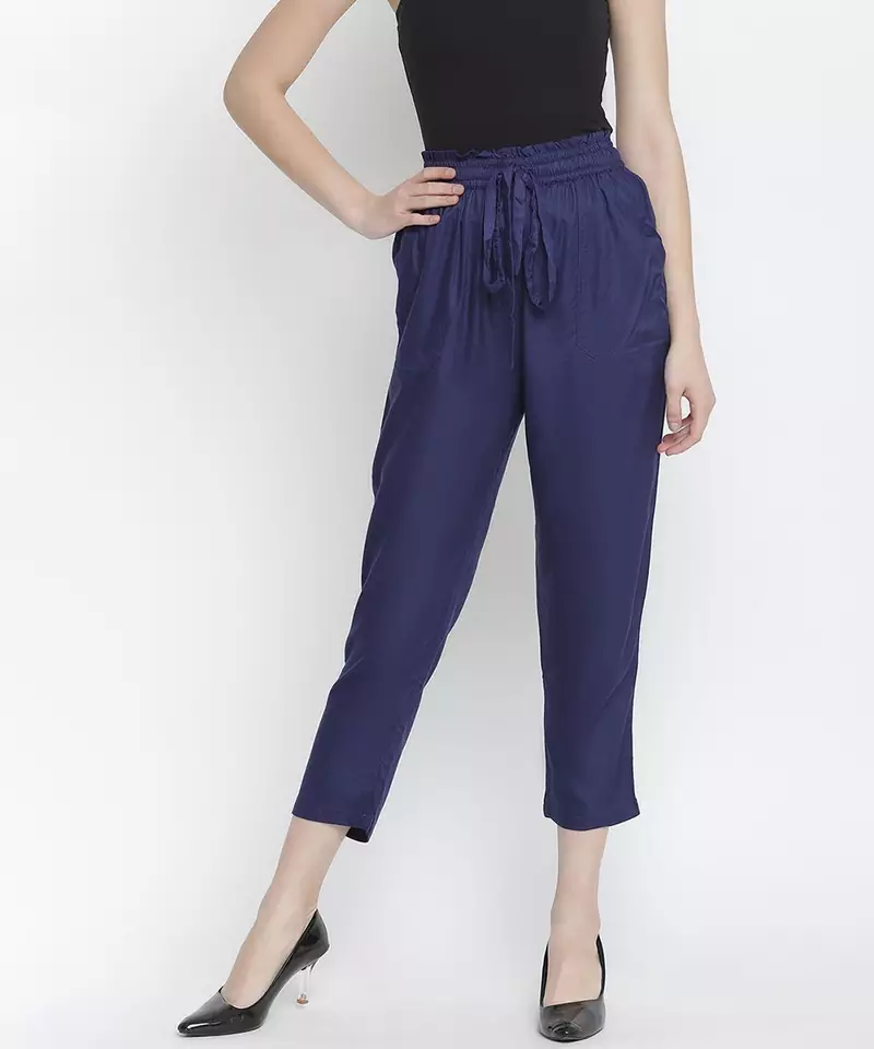 Navy Solid Women tie knot elasticated pant