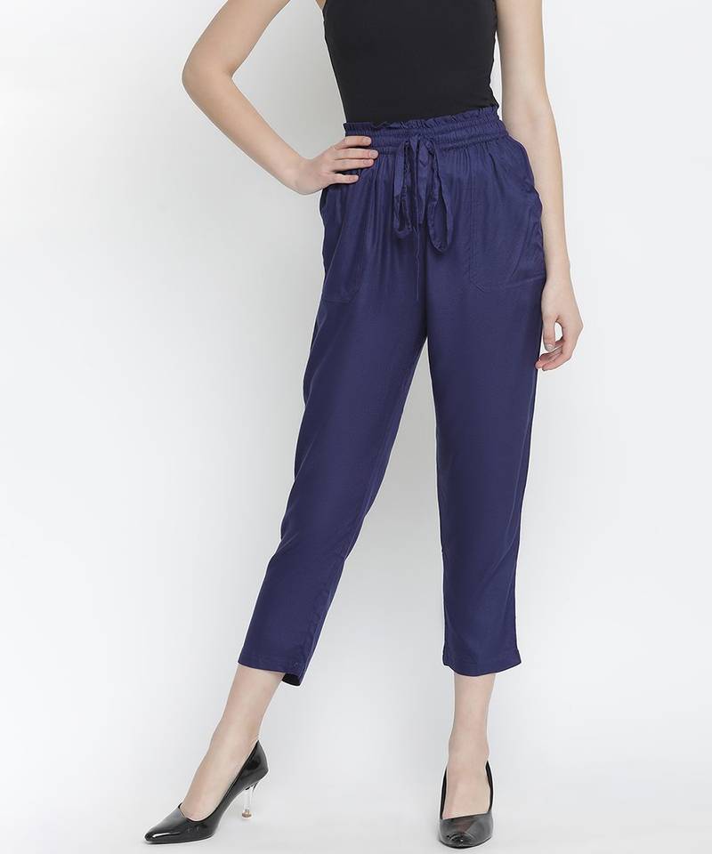 Navy Solid Women tie knot elasticated pant