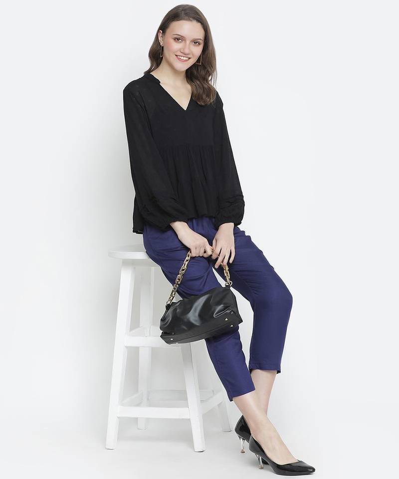 Navy Solid Women tie knot elasticated pant