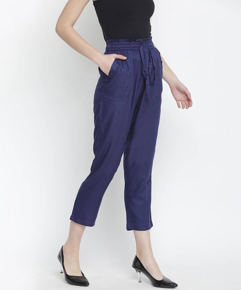 Navy Solid Women tie knot elasticated pant