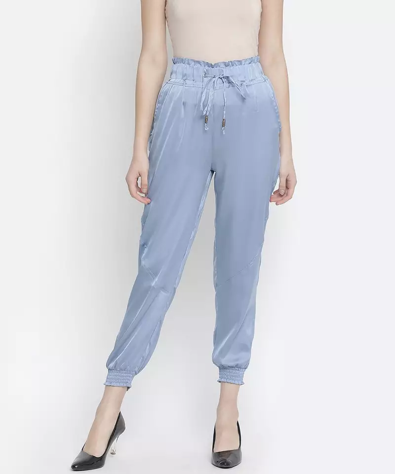 Outraging solid blue satin women elasticated pant