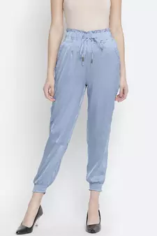 Outraging solid blue satin women elasticated pant