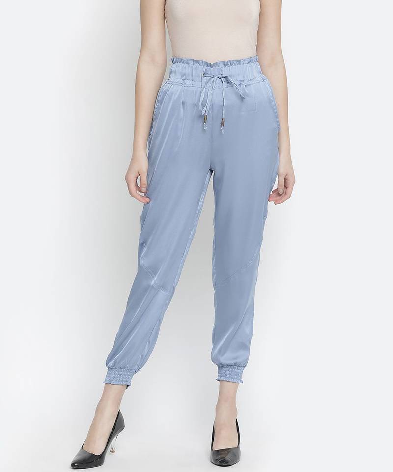 Outraging solid blue satin women elasticated pant
