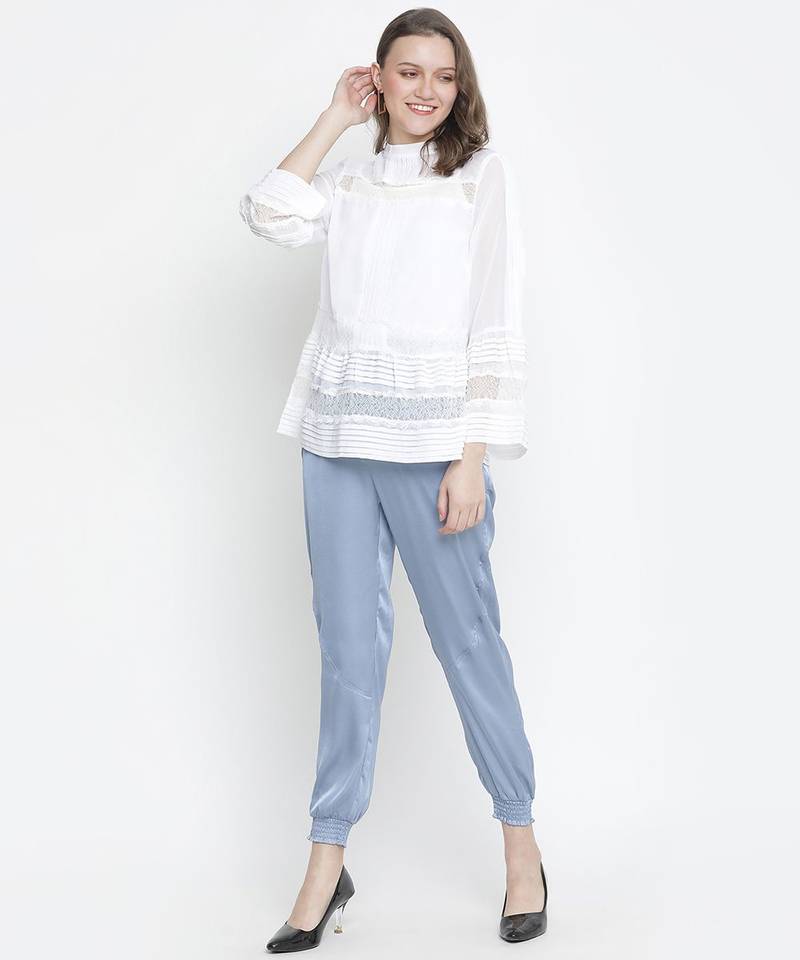 Outraging solid blue satin women elasticated pant