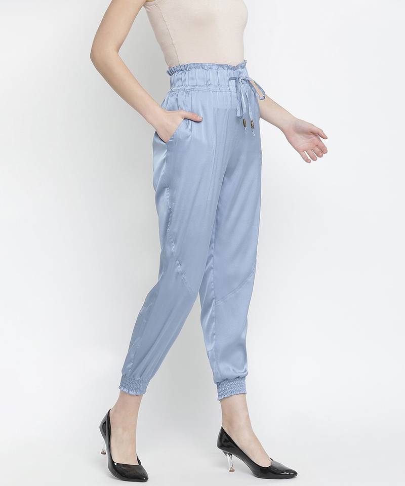 Outraging solid blue satin women elasticated pant