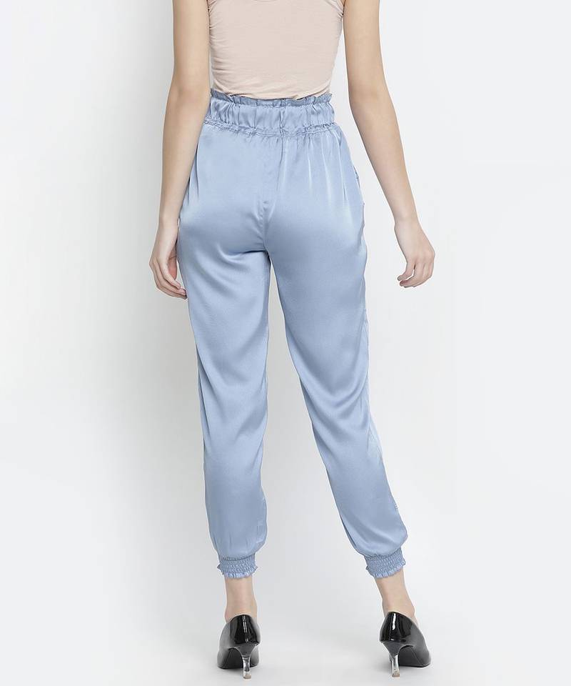 Outraging solid blue satin women elasticated pant