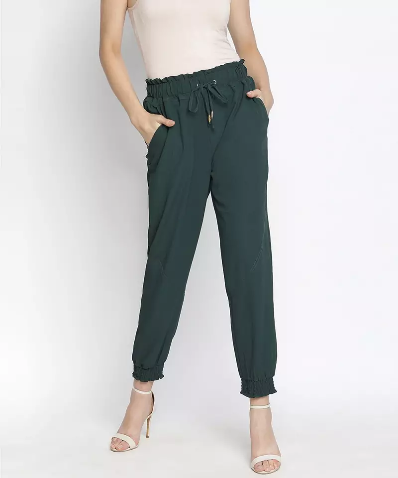 Raping solid green women elasticated pant