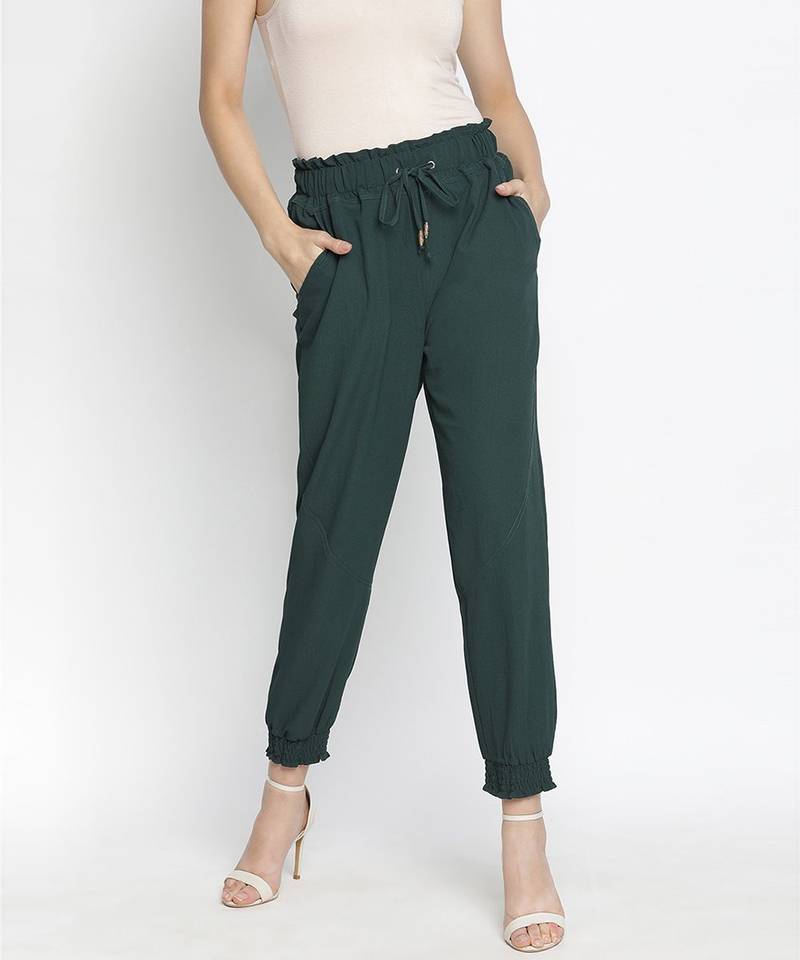 Raping solid green women elasticated pant