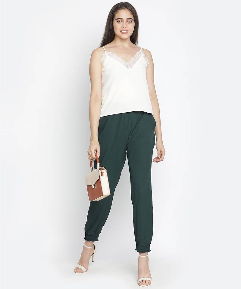 Raping solid green women elasticated pant