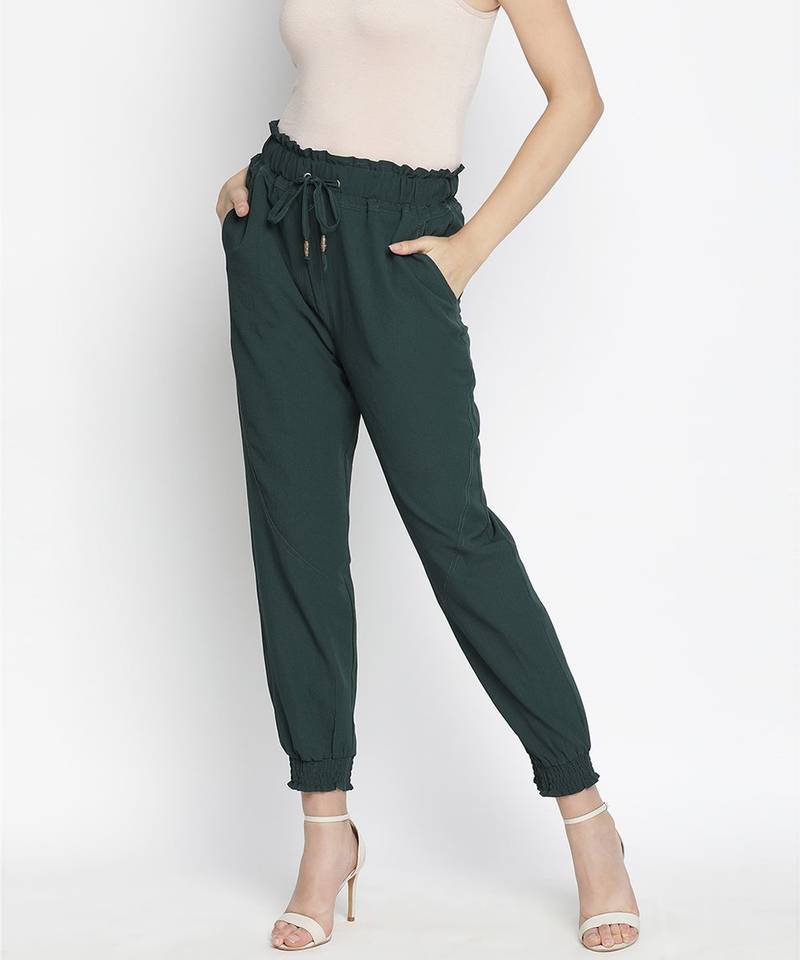 Raping solid green women elasticated pant