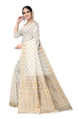 White woven cotton saree with blouse 5