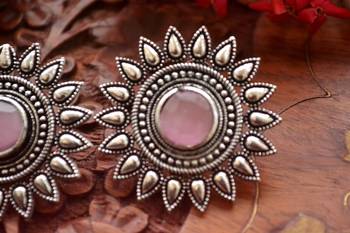 Pink onyx Oversized Fashionable Oxidised studs Earrings 5