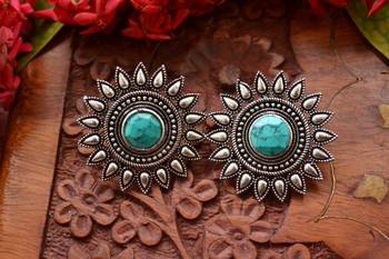 Turquoise onyx Oversized Fashionable Oxidised studs Earrings 5
