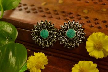 Turquoise onyx Oversized Fashionable Oxidised studs Earrings 1