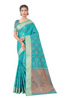 Turquoise Woven Art Silk
 Saree With Blouse