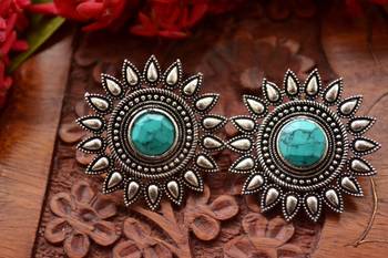 Turquoise onyx Oversized Fashionable Oxidised studs Earrings 2