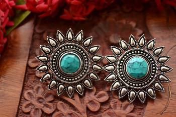 Turquoise onyx Oversized Fashionable Oxidised studs Earrings 3