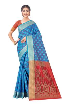 Blue Woven Art Silk
 Saree With Blouse 1