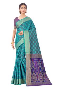 Turquoise Woven Art Silk
 Saree With Blouse