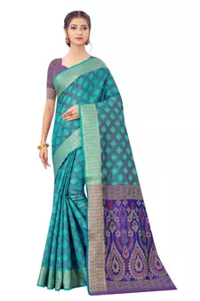 Turquoise Woven Art Silk
 Saree With Blouse