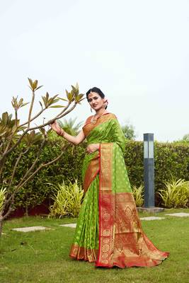 Green woven art silk
 saree with blouse 3