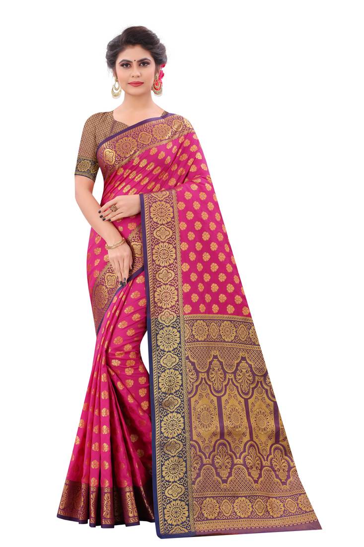 Pink woven art silk
 saree with blouse