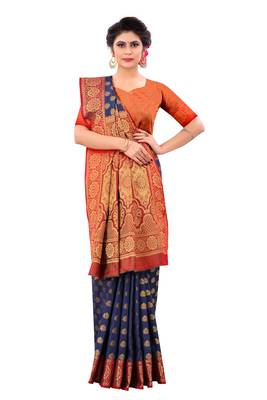 Navy blue woven art silk
 saree with blouse 1