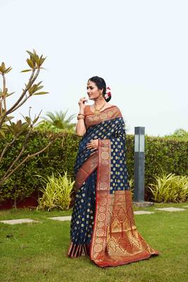 Navy blue woven art silk
 saree with blouse 3