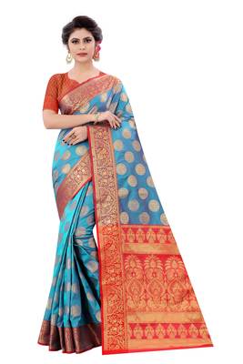 Blue Woven Art Silk
 Saree With Blouse 1
