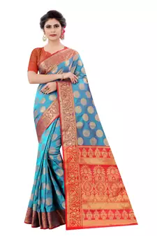 Blue Woven Art Silk
 Saree With Blouse