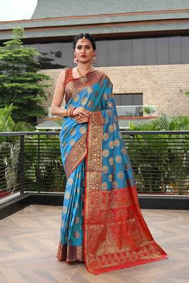 Blue Woven Art Silk
 Saree With Blouse 3