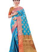 Turquoise Woven Art Silk
 Saree With Blouse