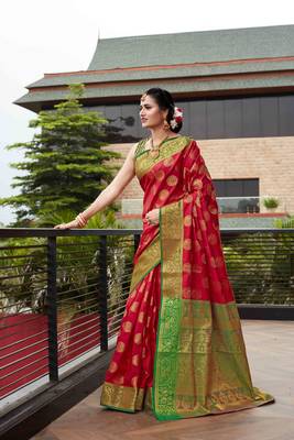 Red Woven Art Silk
 Saree With Blouse 3