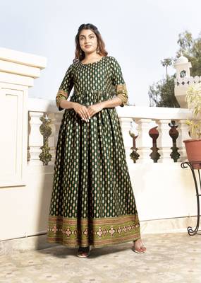 Green Foil Printed Rayon Flared/Gown Kurti 3